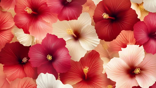Red and pink hibiscus flowers with gold stamens arranged densely.