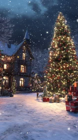 Snowy village street shows lit Christmas tree and house