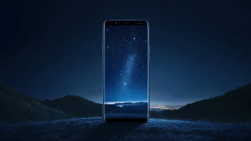 Smartphone display merges starry night sky and landscape.