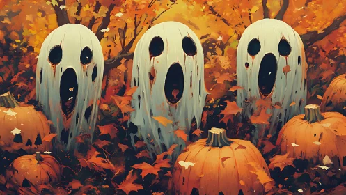 Three stylized ghost figures stand among pumpkins in foliage