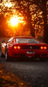 Photorealistic rear view of red sports car at sunset glow.