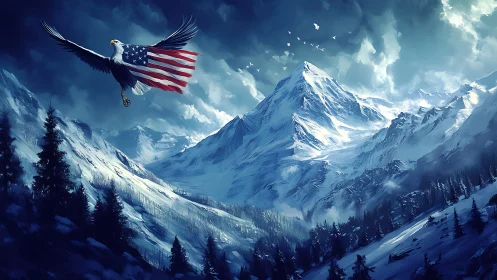 Majestic bald eagle soars above snowbound American peaks.