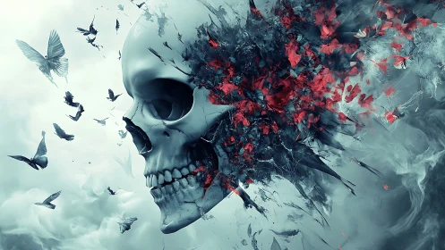 Skull of Shattered Petals and Rising Birds in Stormed Sky.