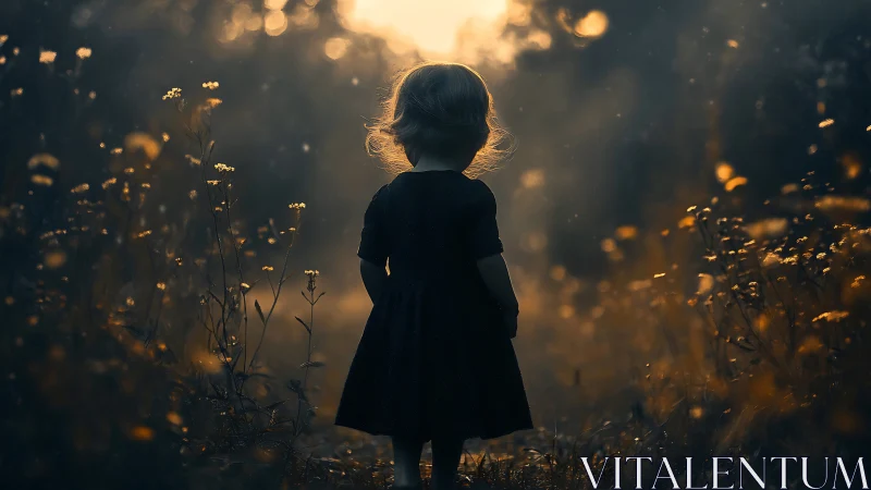 Backlit child stands in narrow field path at dusk