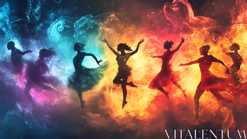 Dancers in swirling fire and mist paint the night sky with joy.