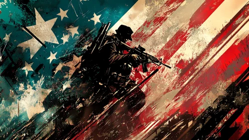 Soldier silhouette with assault rifle over distressed flag