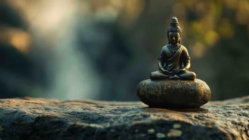 Meditating Buddha statue on stone in soft natural light.