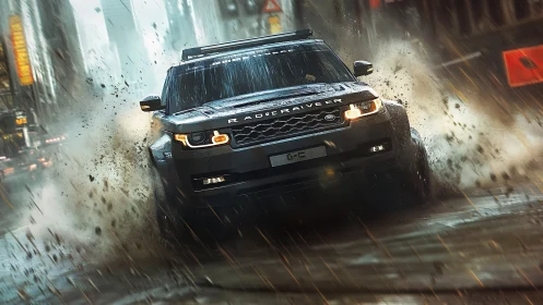 Off-road SUV powers through urban rain-soaked street