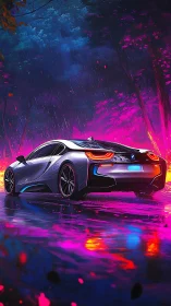 Futuristic sports car cuts neon rain through reflective forest