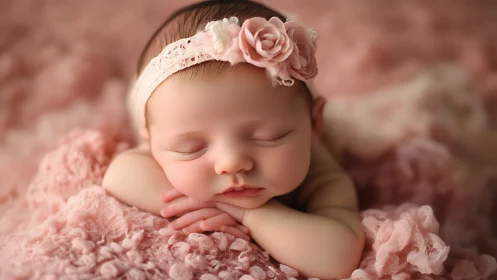 Peaceful Newborn Girl Rests in Pretty Pink Nest.