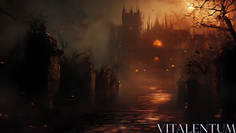 Gothic castle on misty pathway with warm interior lights.