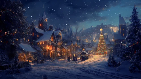 Snow covered town square with illuminated Christmas tree.