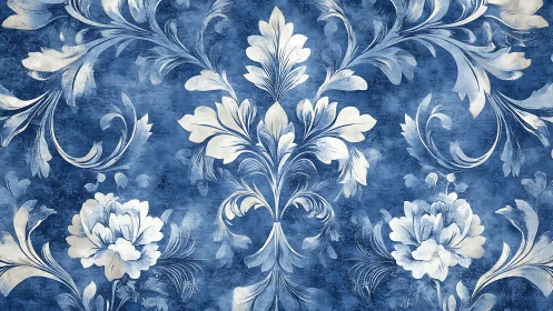 Soft blue floral scrolls with vintage wallpaper charm.