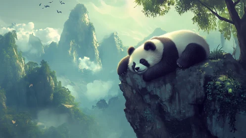 Sleeping panda on cliff ledge in misty mountain valley