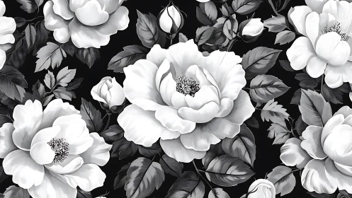 Grayscale floral composition depicting white peonies with detailed stamen and dark foliage