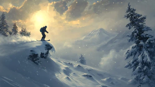 Digital alpine snowscape with silhouetted snowboard descent.