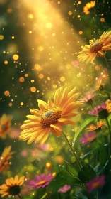 Sunlit golden daisies in glowing bokeh garden haze.