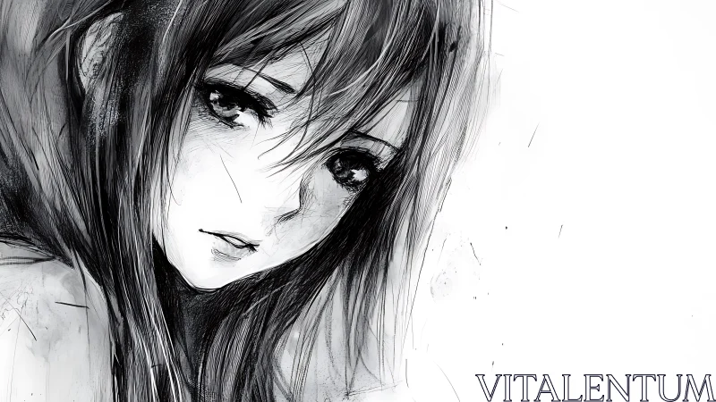 Melancholic monochrome anime girl close portrait study.