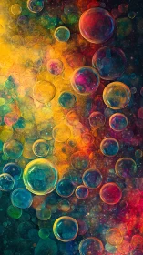 Floating translucent spheres overlay dense multicolor field