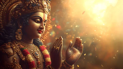 Divine Hindu goddess idol in golden light and prayerful grace.