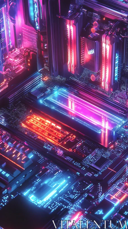 Neon lit motherboard with glowing circuitry and heat sinks.