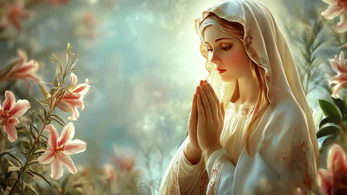 Gentle woman in prayer surrounded by soft glowing lilies.