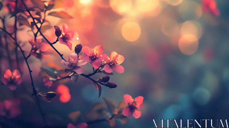 Pink cherry blossoms on branch with diffused light background.