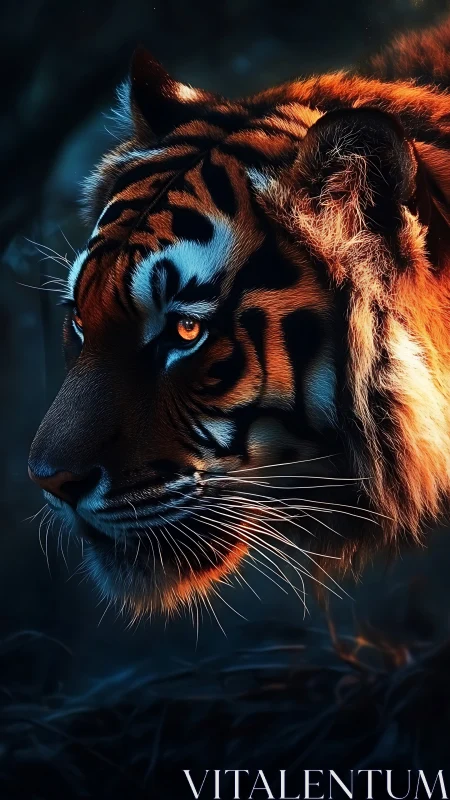 Cinematic side profile of Bengal tiger in rim-lit twilight