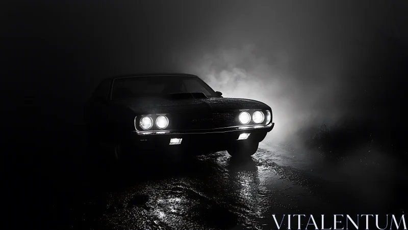 Classic muscle car headlights cutting through dark foggy road.
