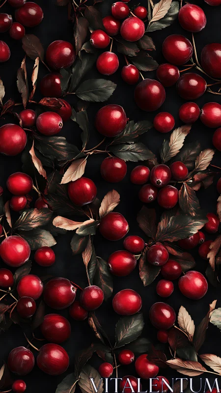 Glistening red berries lie in rich, moody botanical arrangement