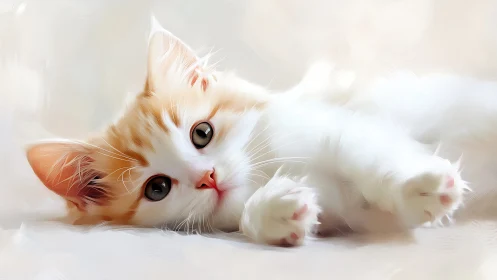 Ginger and White Kitten Lying Down with Expressive Eyes.