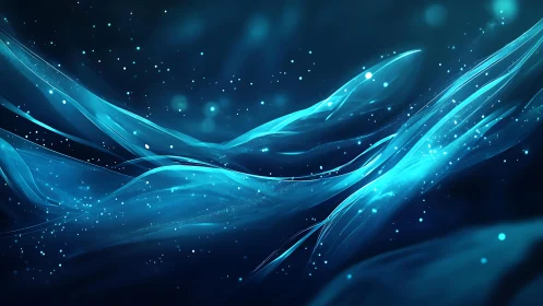 Abstract blue waves digital art with glowing particles and cosmic style.