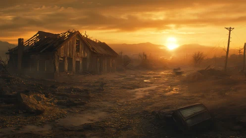 Ruined rural house in deserted sunset landscape scene.