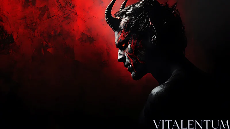 Profile view of horned male figure against red textured field