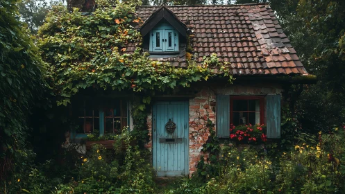 Ivy-draped brick cottage with teal door in wild garden.