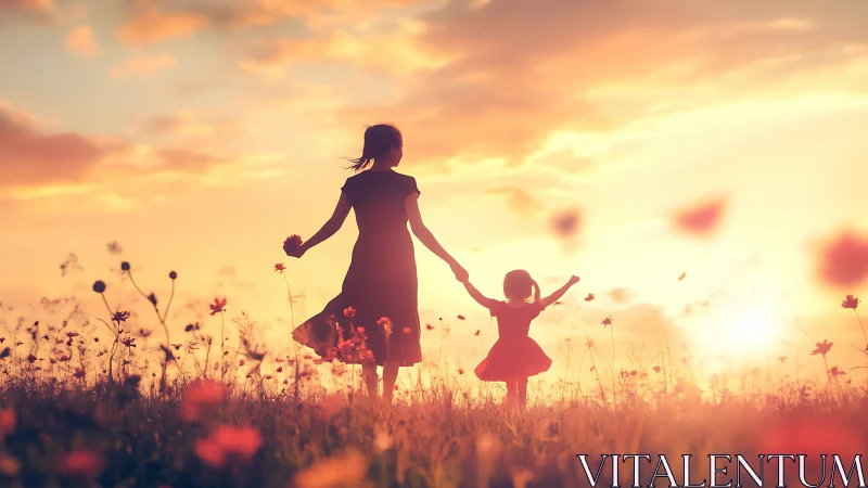 Silhouetted woman and child in field under orange sunset sky.