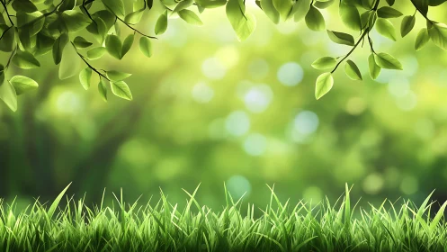 Lush green grass with leafy tree branches, nature-inspired illustration.
