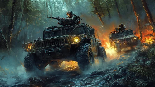 Armored convoy storms burning jungle road under fire