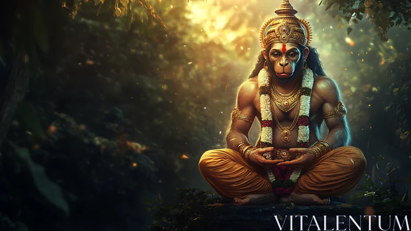 Divine monkey deity meditating in glowing forest shrine.