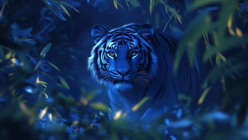 Blue lit tiger moving through dense night forest scene.