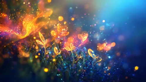 Luminous heart-flower meadow under swirling auroras.