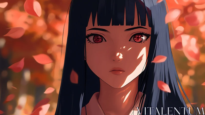 Autumn-lit anime girl gazes ahead amid drifting red leaves