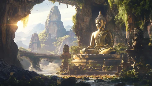 Golden Buddha statue dominates misty mountain temple valley