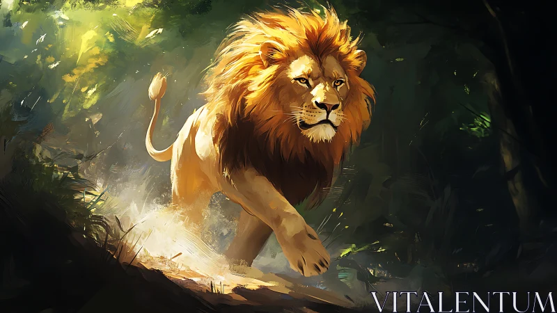 Powerful lion charges forward through dense forest light.