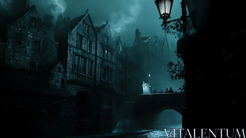 Rain-soaked alley lets ghostly teal windows quietly whisper