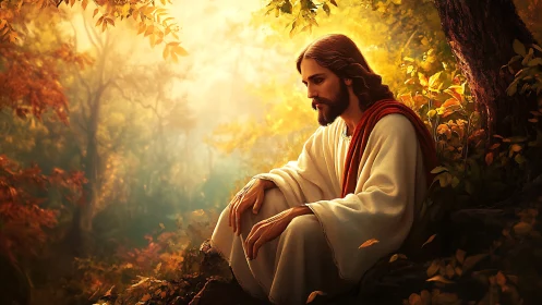 Gentle robed figure rests in golden forest light at sunrise