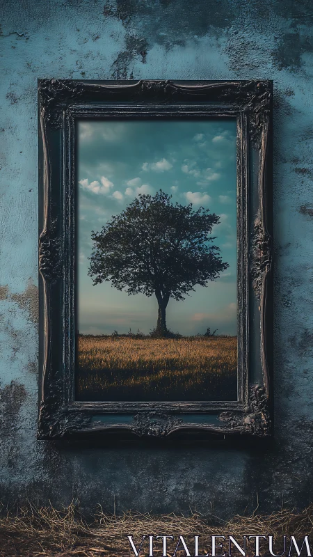 Framed landscape photograph shows isolated tree in field