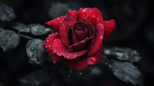 Red Rose with Water Droplets Against Dark Background.