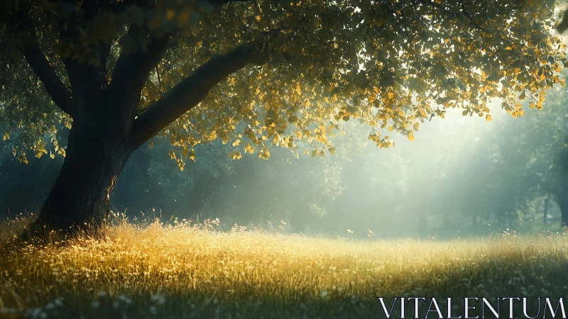 Sunlit meadow hush beneath a storytelling summer tree.