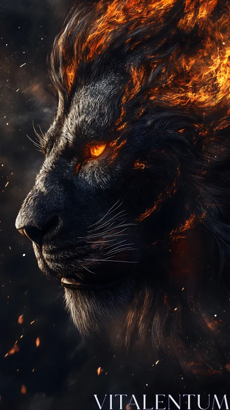 Fiery digital lion profile with glowing ember mane.